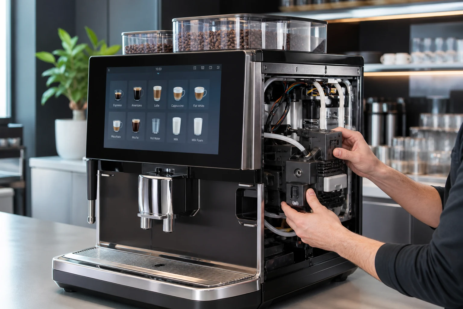 Technician servicing a modern super-automatic with touchscreen