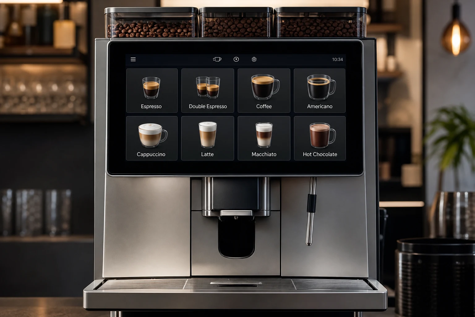 Commercial super-automatic with the drink screen on, showing eight beverages