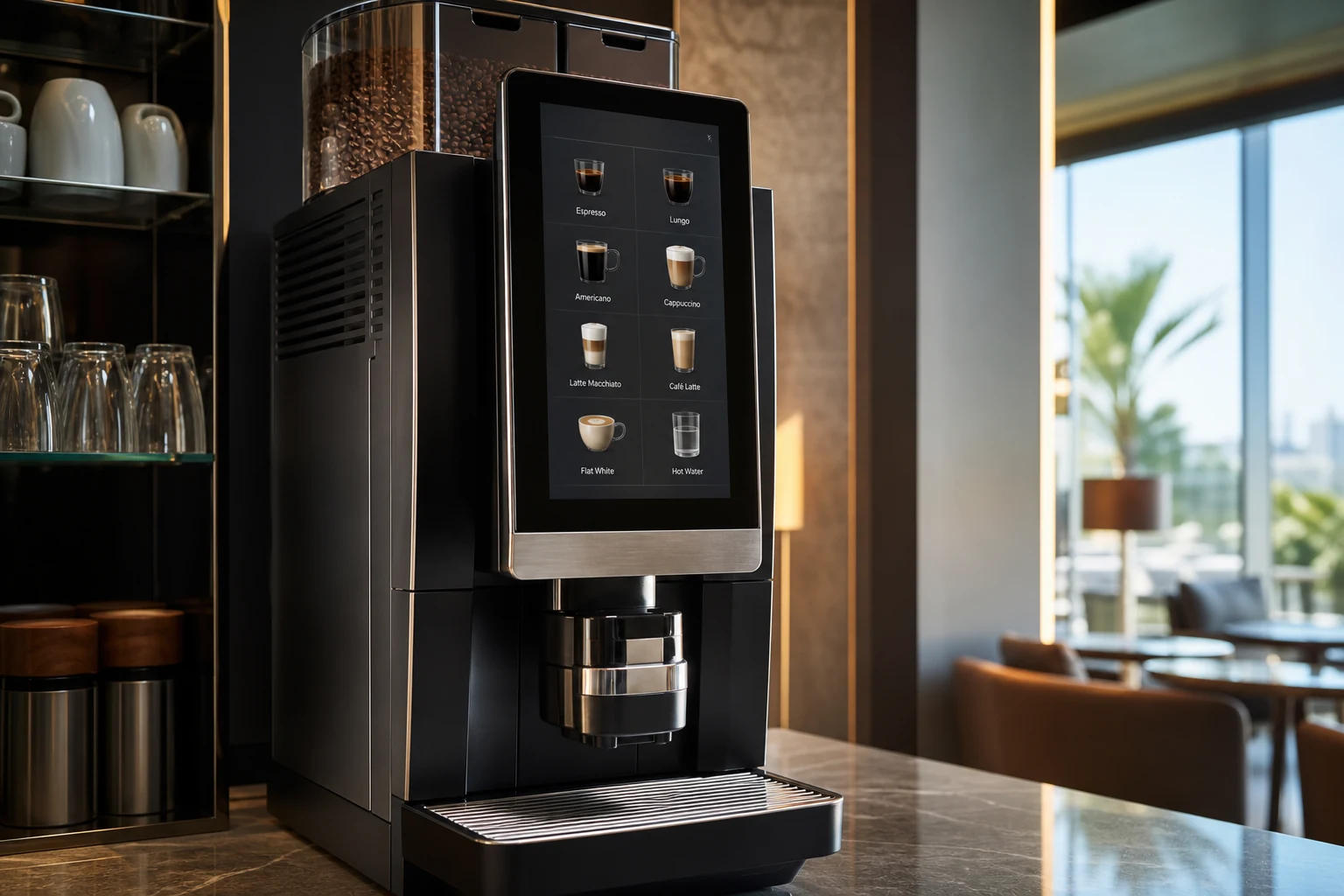 Modern super-automatic espresso machine with drink touchscreen on