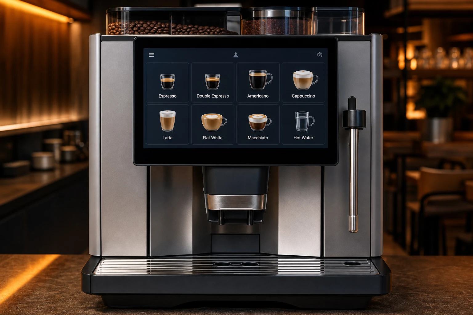 Commercial super-automatic with the drink screen on, showing eight beverages