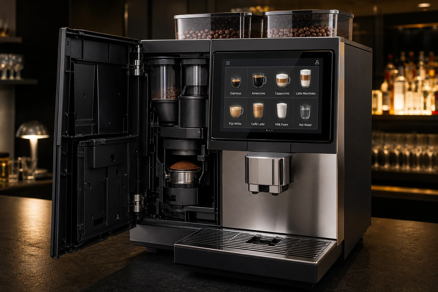 Open commercial super-automatic showing the density of systems in one cabinet
