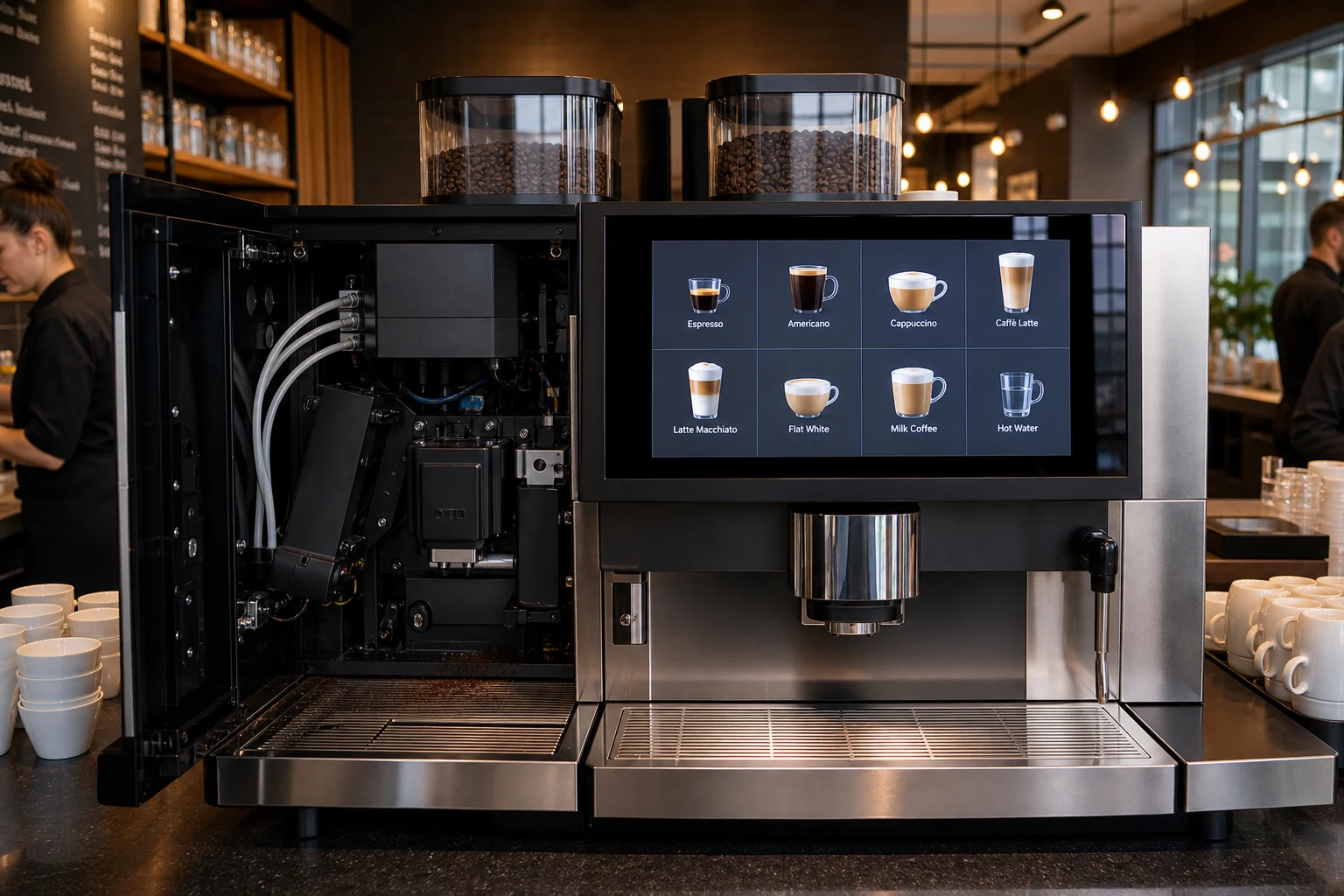 Commercial super-automatic with the service door open and the drink screen on