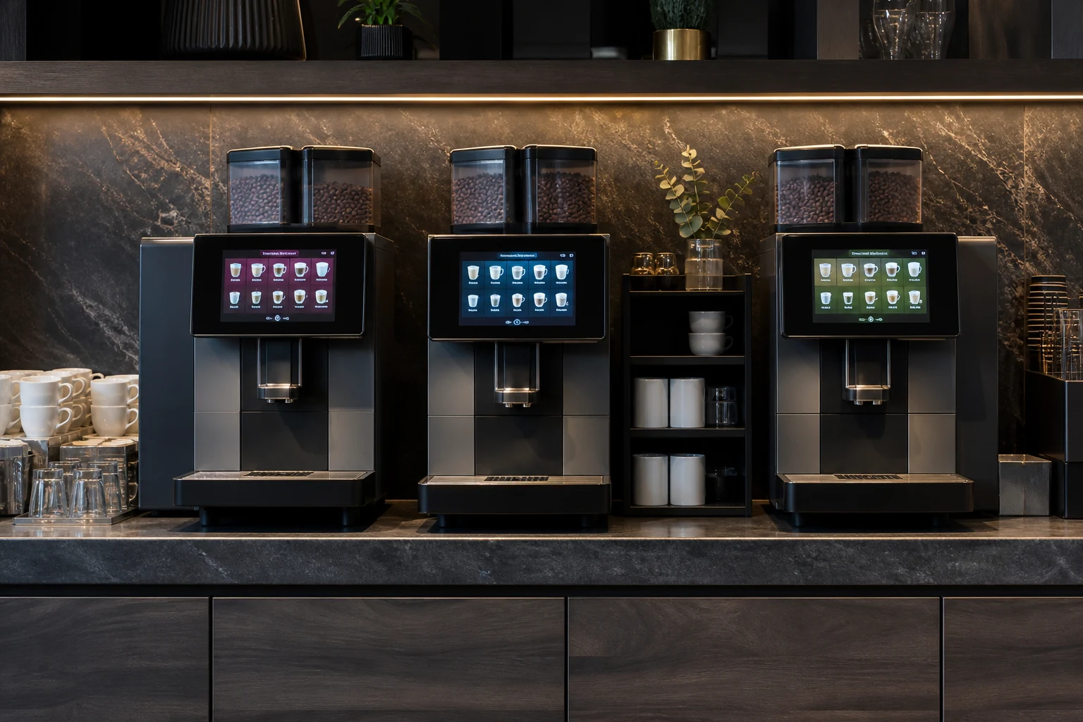 Row of modern commercial super-automatic espresso machines with touchscreens