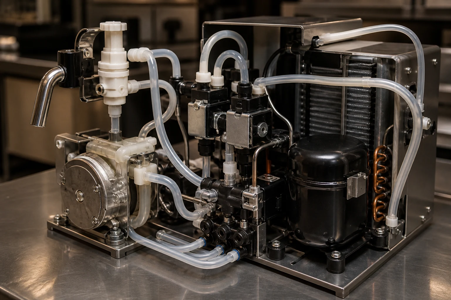 Milk pumps, foam valves, tubing and cooling