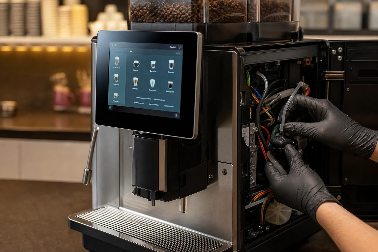 Technician working inside a commercial super-automatic
