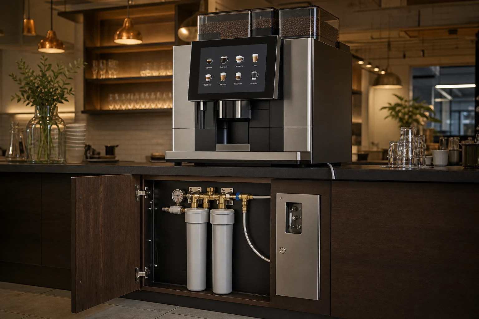 Commercial super-automatic plumbed to under-counter water filtration