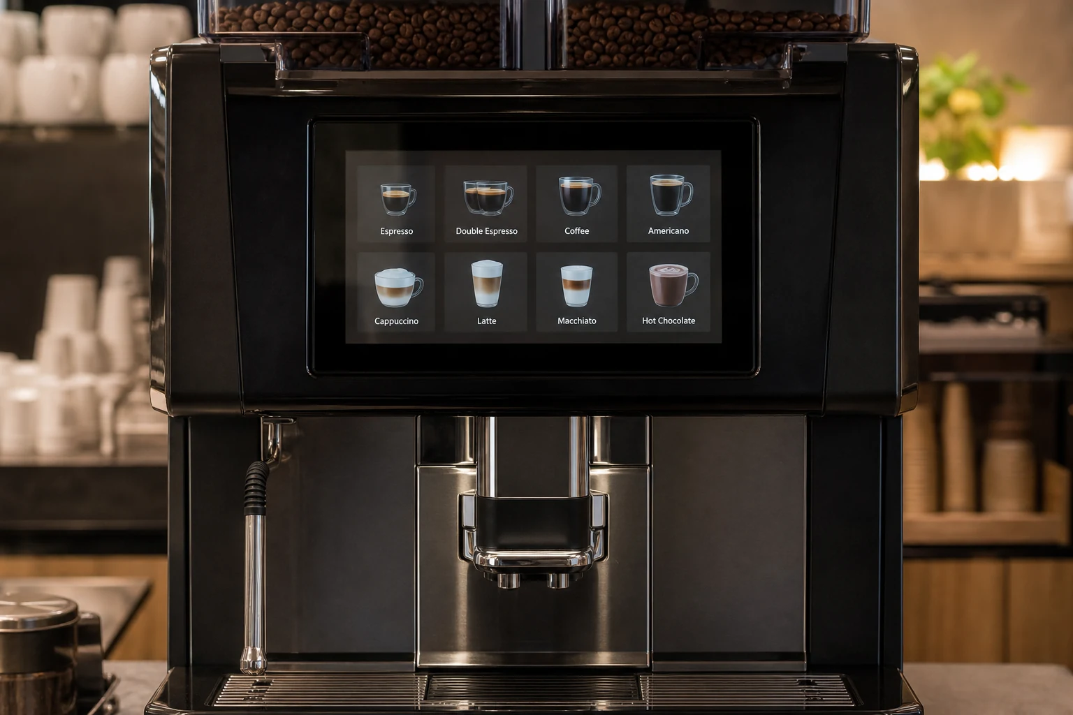 Commercial super-automatic with the drink screen on, showing eight beverages